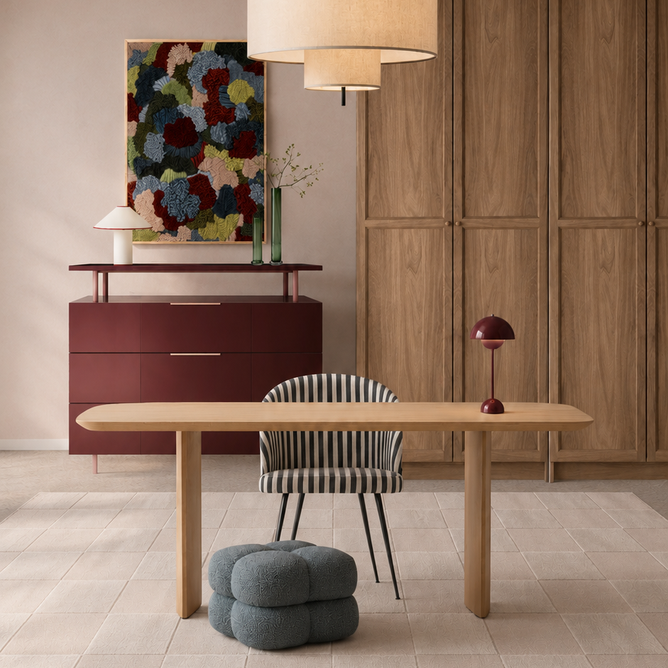 A minimalist dining room with a light wooden table, black and white striped chair, and grey pouf. Behind the table is a large wooden wardrobe, a maroon sideboard with decorative objects, a floral textile wall hanging, and modern lamps. The room has a