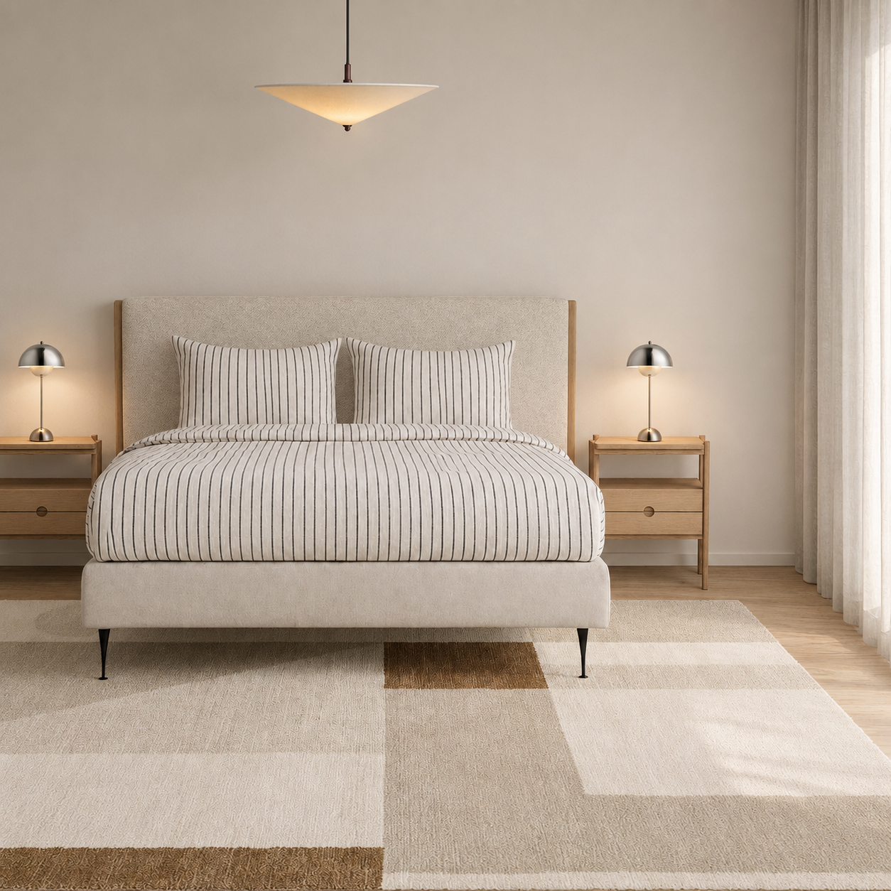 Minimalist bedroom with a beige bed, striped bedding, two matching bedside tables with small lamps, a geometric pendant ceiling light, beige curtains, and a neutral-colored area rug.
