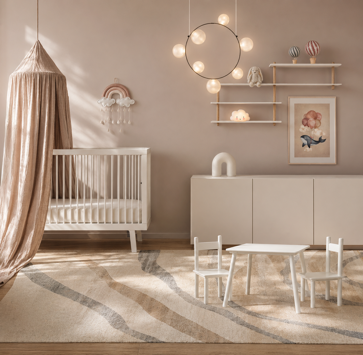 A nursery room with a white crib, a small white table with two chairs, a beige patterned rug, decorative wall shelves with toys, a framed picture of a whale, and hanging plush toys. Soft, warm lighting and neutral color tones create a cozy atmosphere