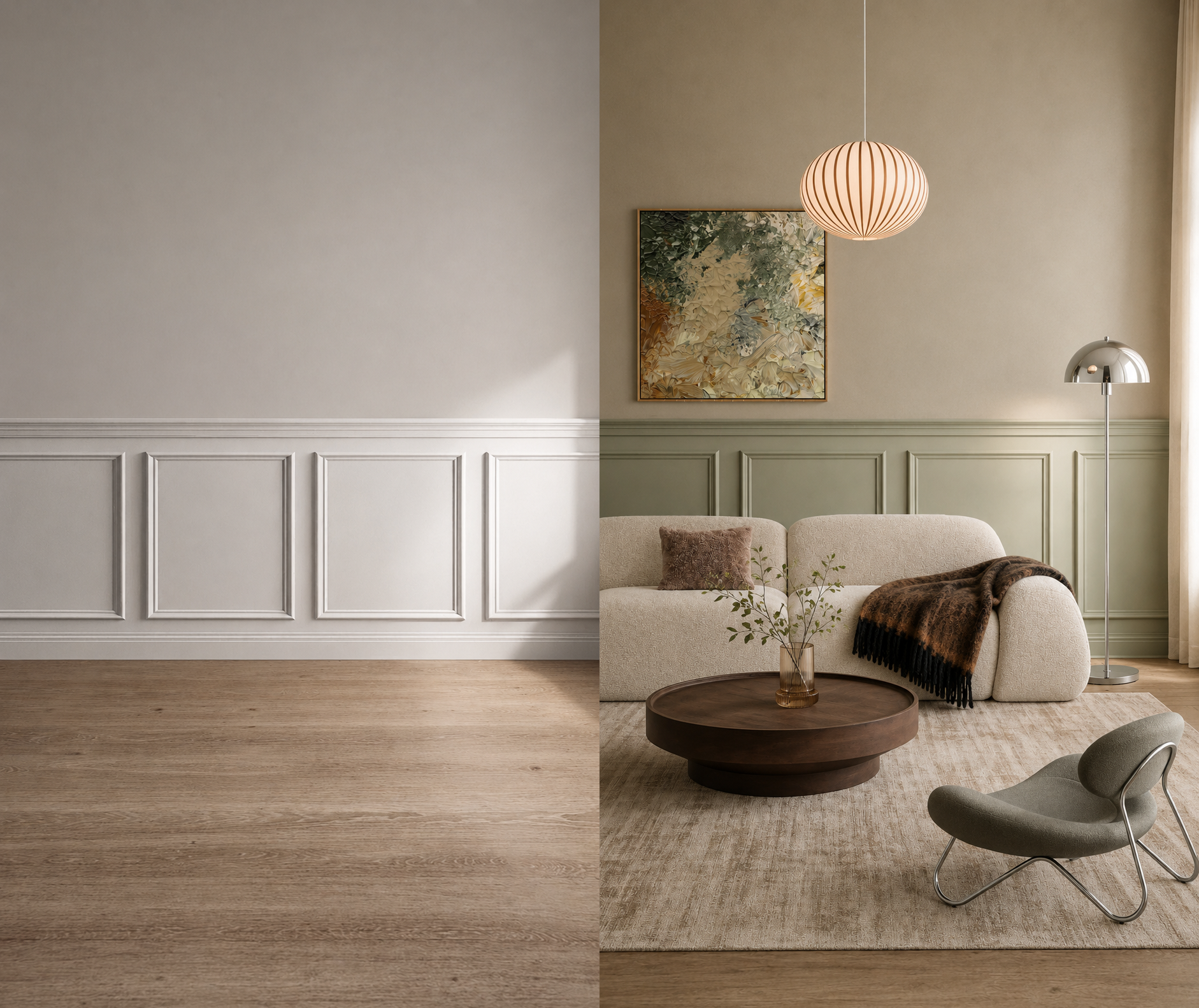 A side-by-side comparison of a plain wall with wainscoting and an elegant living room with wall art, lighting fixtures, a sofa with cushions, a coffee table, a modern armchair, and a window with curtains.
