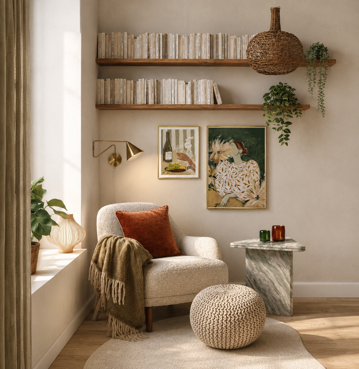 Cozy living room corner with a beige armchair, rusty orange pillow, knitted pouf, marble side table with two colored candles, wall art, floating shelves with books, plants, wicker pendant light, and a wall-mounted lamp, natural light filtering throug