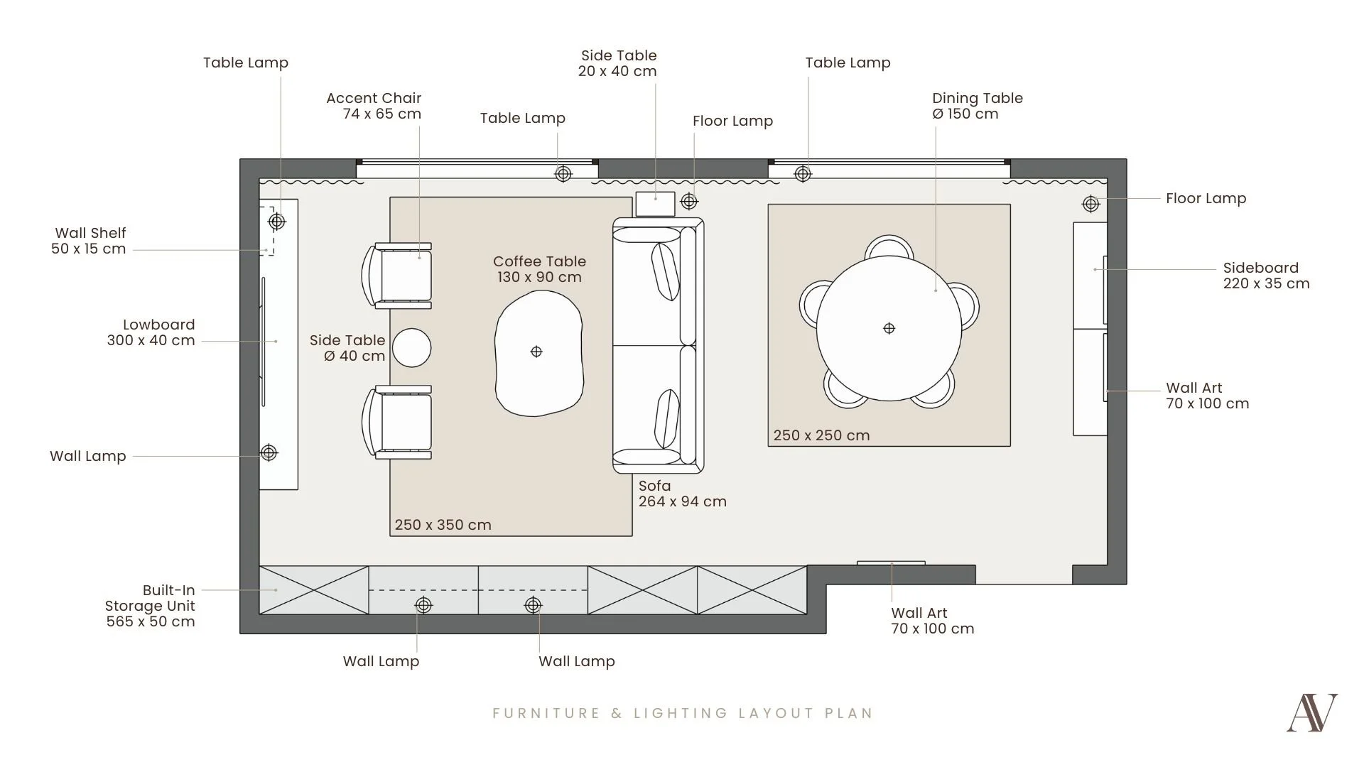 Floor plan layout of a living and dining room, showing furniture pieces such as a coffee table, sofa, lowboard, side tables, a dining table with chairs, wall shelves, wall lamps, floor lamps, and wall art. Dimensions for each furniture piece are included.
