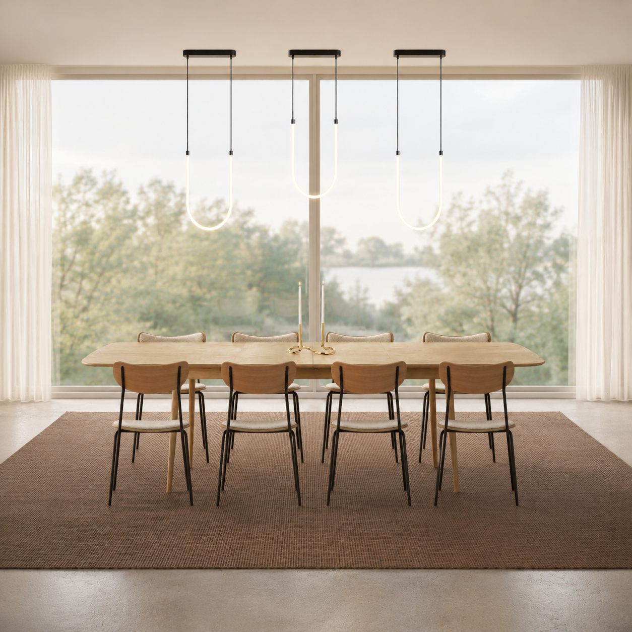 Modern dining room with wooden table, eight chairs, hanging pendant lights, large window with views of trees and water, white curtains, and a brown rug.