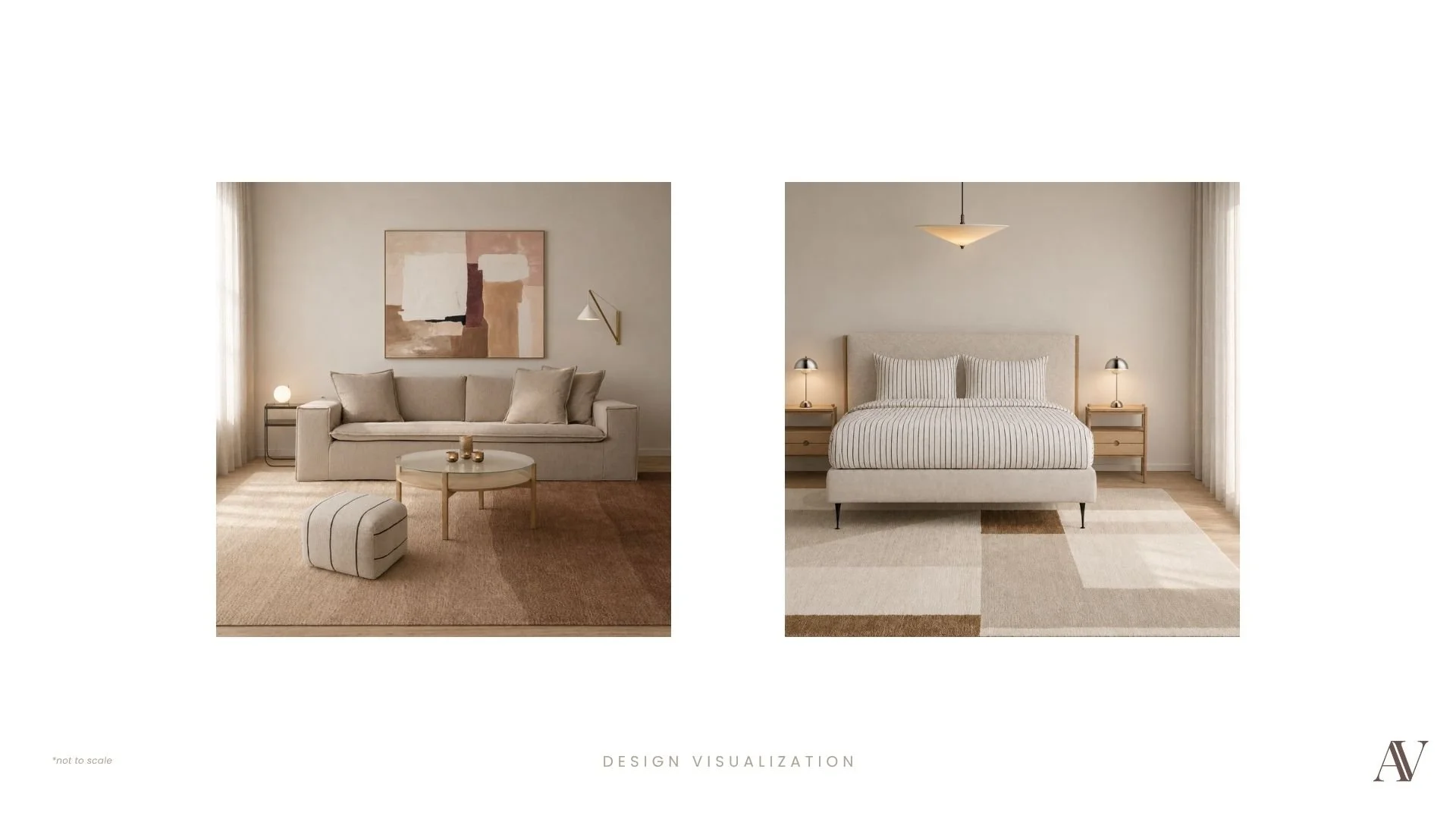 Split view of a living room and a bedroom with neutral color schemes. The living room has a beige couch, abstract artwork, a small side table with a lamp, a round coffee table, and a patterned rug. The bedroom has a bed with striped bedding, two bedside tables with lamps, a ceiling light, and a large window with curtains.