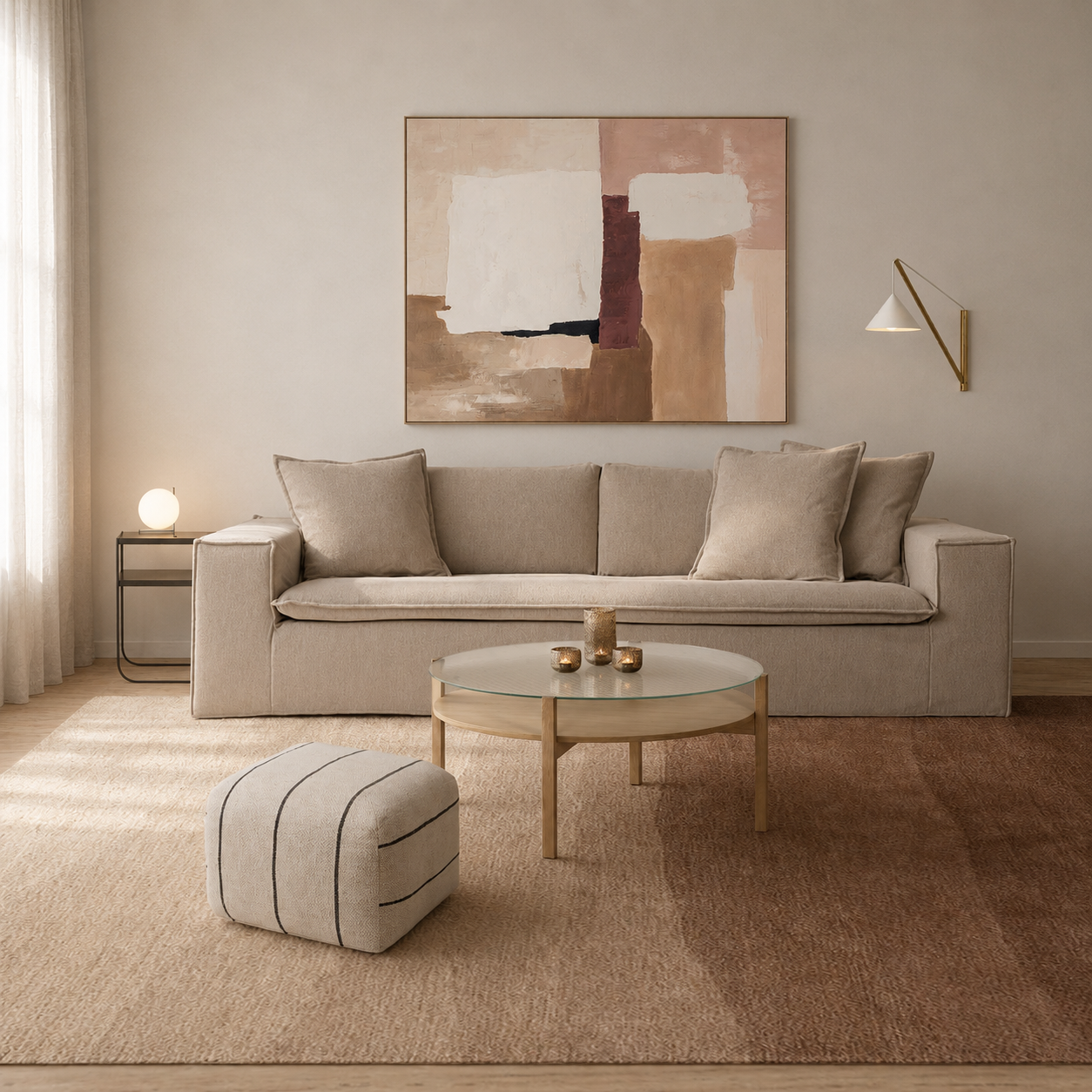 Living room with beige sofa, abstract wall art, glass coffee table with candles, patterned ottoman, wooden side table with round lamp, and modern wall light, in neutral tones.