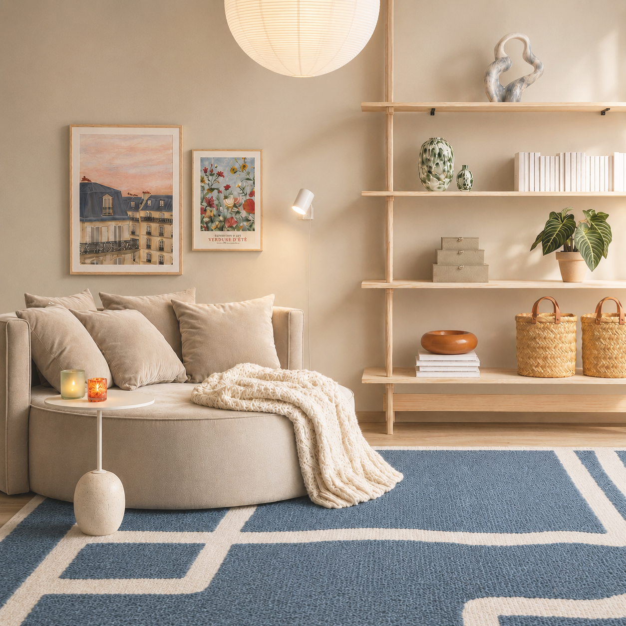 Living room with beige sofa, beige throw pillows, cream blanket, blue and white geometric rug, white side table with candles, wall art, wooden shelves with decorative vases, plant, boxes, and baskets.