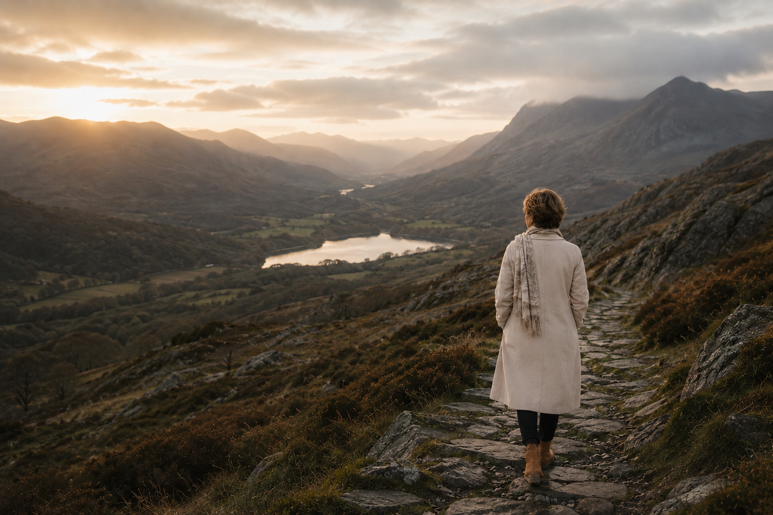 A person in a beige coat and scarf walking along a rocky trail on a mountain, overlooking a scenic valley with a lake and mountains at sunset.