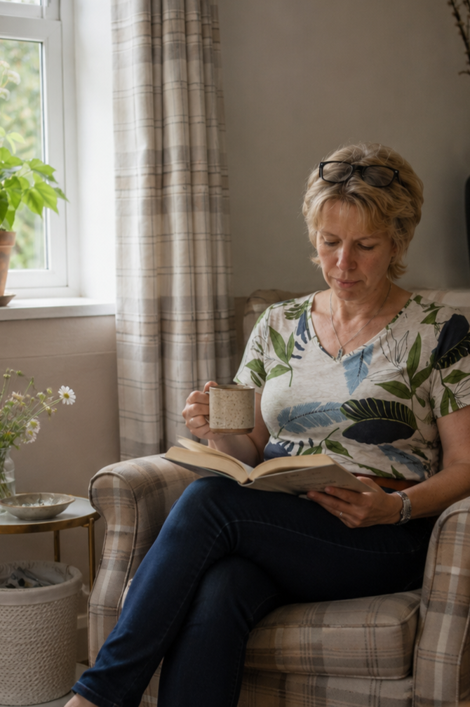 Suzanah Platt sitting on a plaid armchair reading a book between clients, feeling reflective, while holding a ceramic mug, with a window, plant, and curtains in a cozy, well-lit living room.