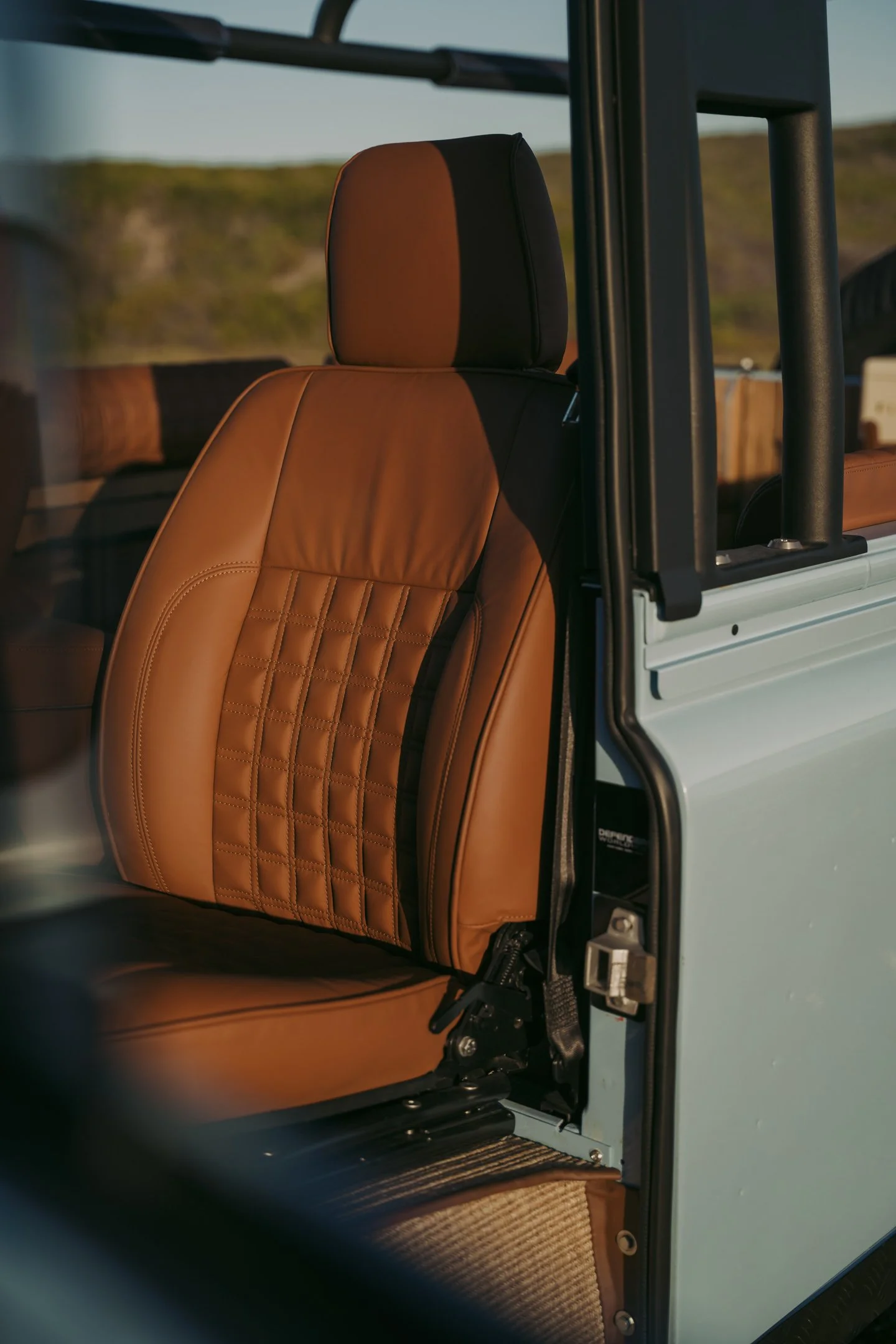 Close-up of a tan leather seat inside a vehicle, with a headrest and part of the vehicle's door frame visible, set against a background of rolling hills and a clear sky.
