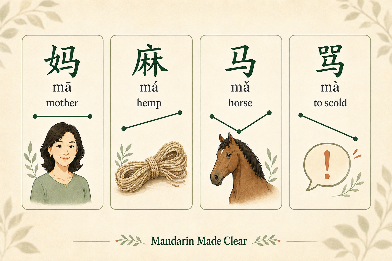 Illustration of the four Mandarin Chinese tones using mā, má, mǎ, and mà, with pitch contour diagrams and example meanings