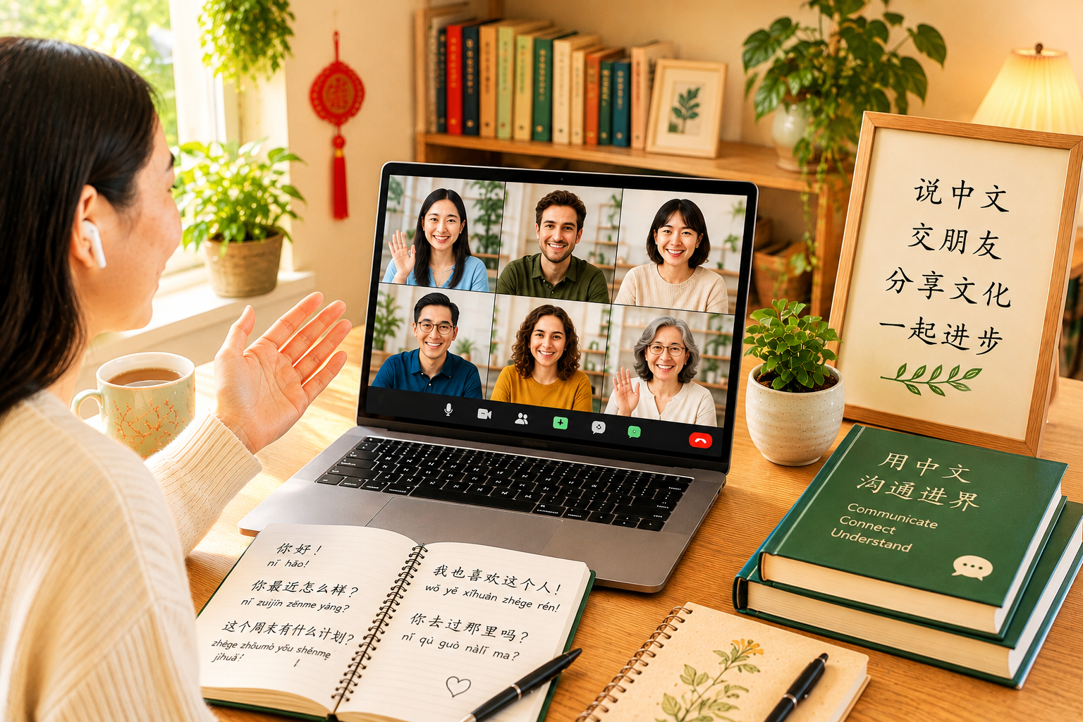 Adult students participating in an online Mandarin conversation practice group