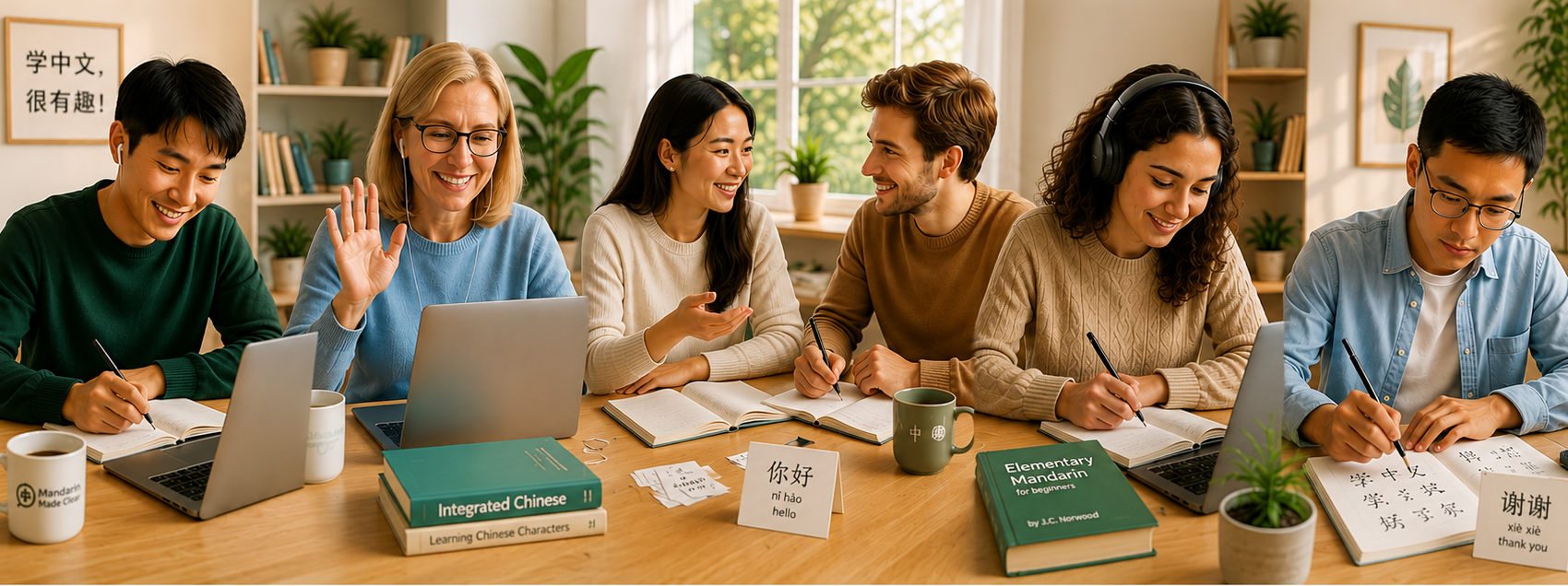 Adult students practicing Mandarin in a small group conversation class
