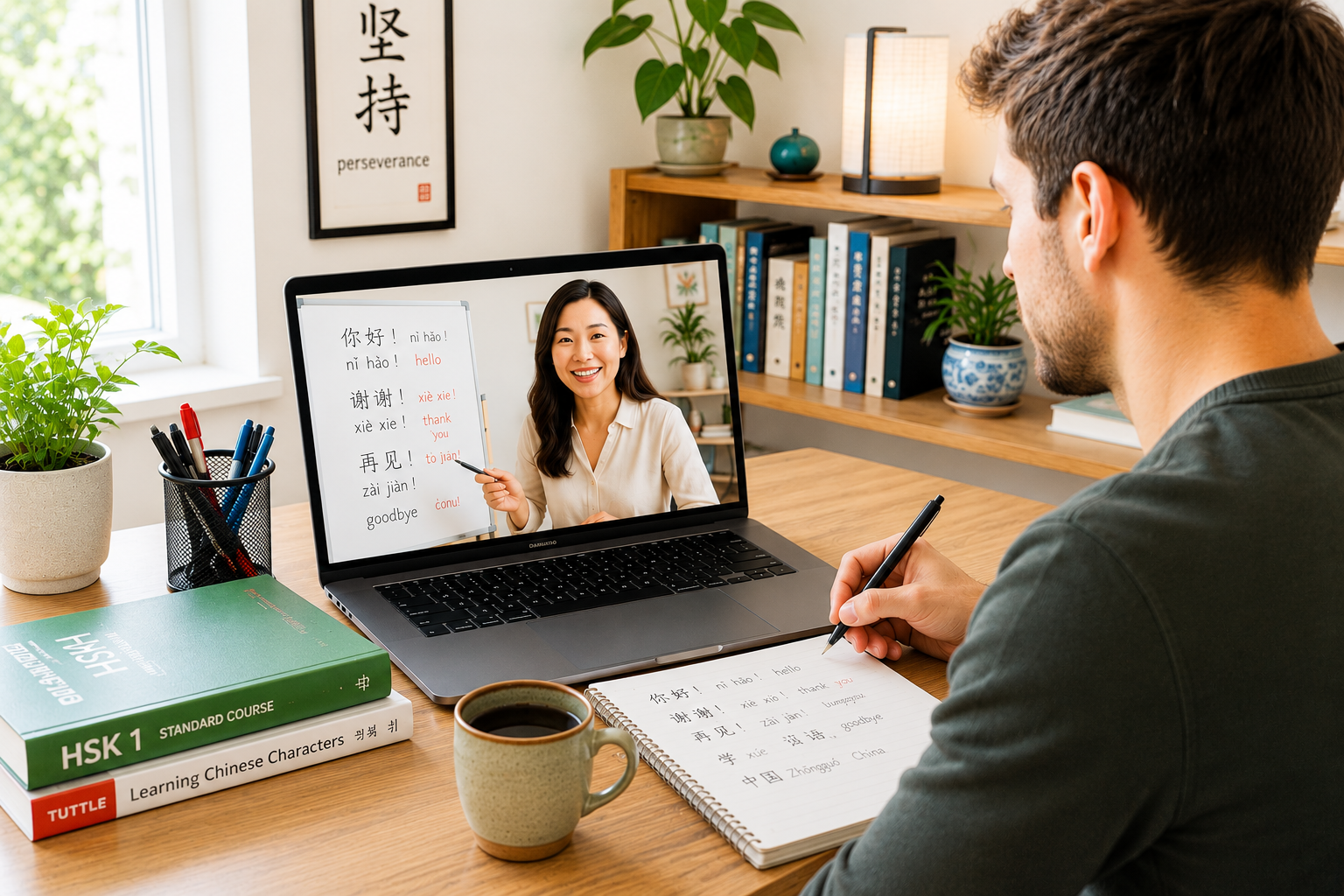 Adult student taking a private online Mandarin lesson with an instructor
