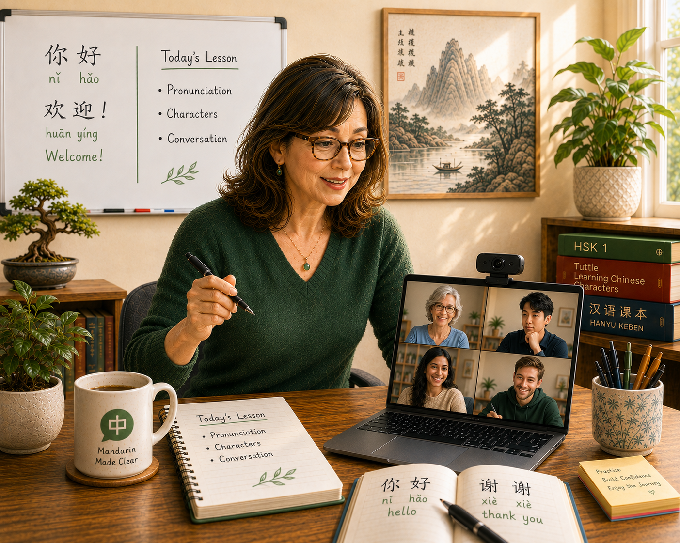 Mandarin teacher leading an online group lesson with adult students