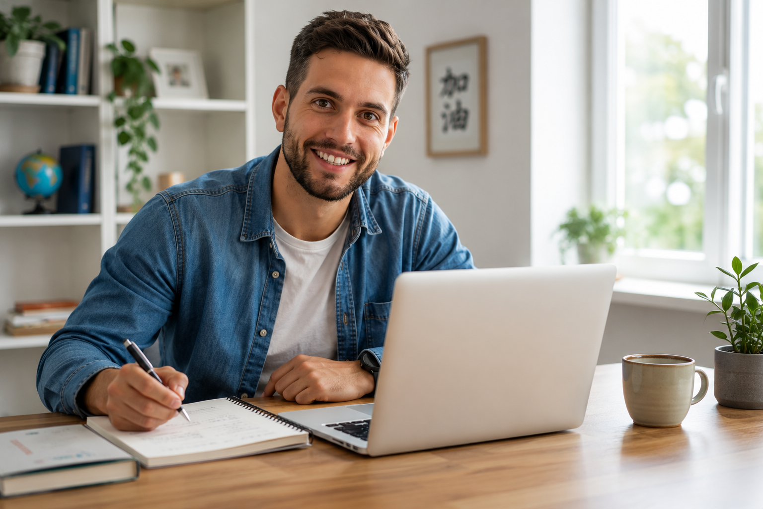 Student at a laptop ready for an online Mandarin consultation