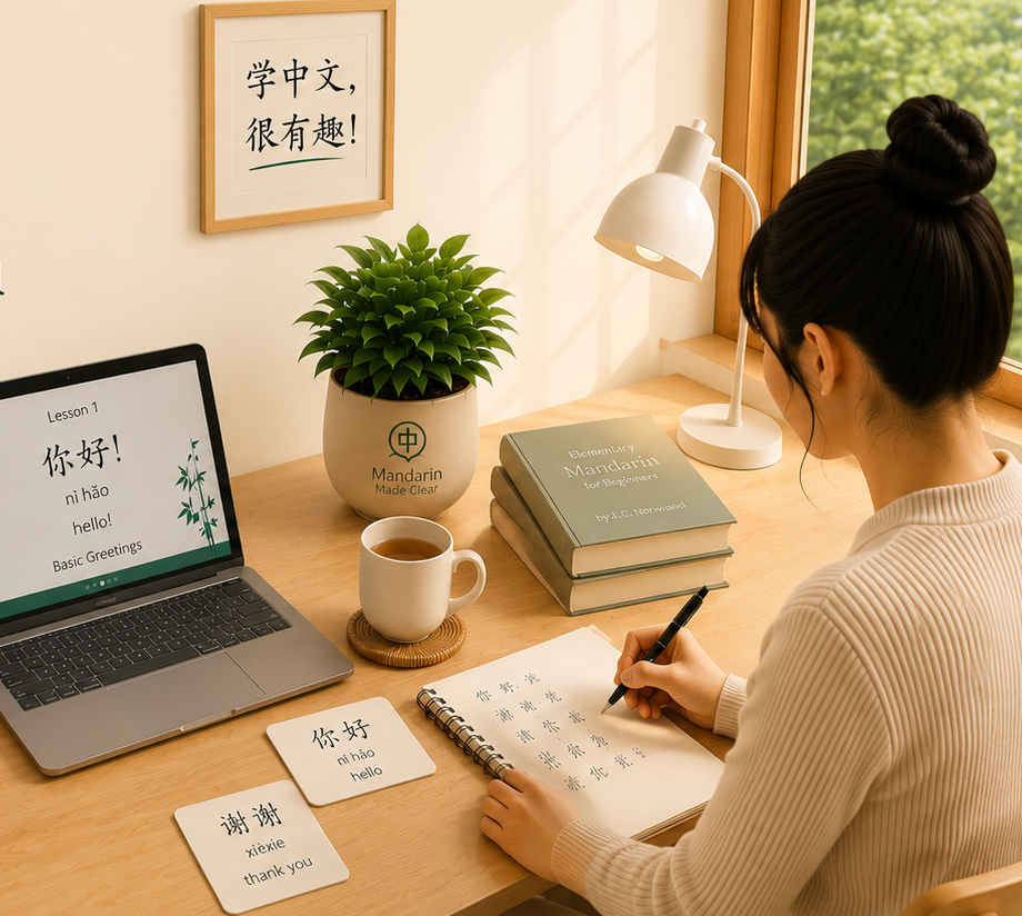 Adult learner practicing Chinese characters during an online Mandarin course