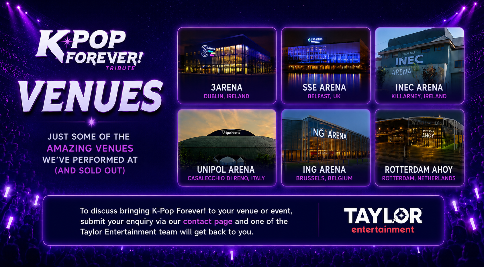 Image showing a graphic for K-pop venues with photos and names of six different arenas in Europe, including Dublin, Ireland; Belfast, UK; Killarney, Ireland; Casalecchio di Reno, Italy; Brussels, Belgium; and Rotterdam, Netherlands, emphasizing the venues as part of a K-pop Forever tribute event.