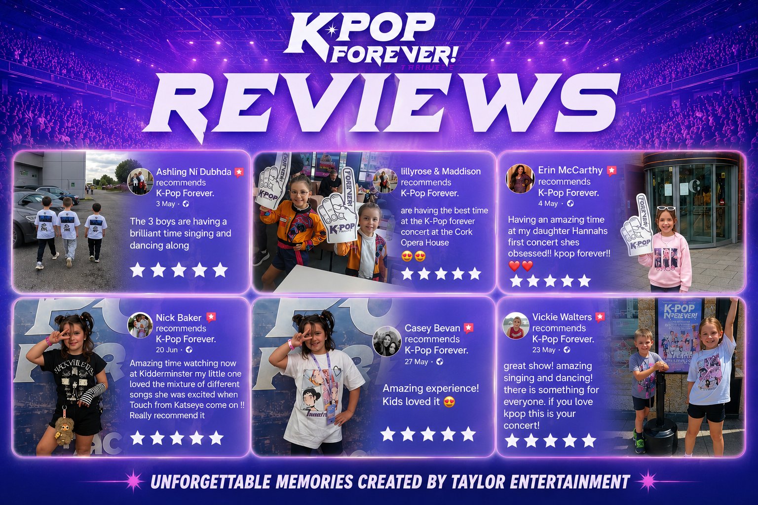 Collection of K-Pop Forever reviews from children, with photos of kids at concerts, all on a vibrant purple background with neon highlights, showcasing positive experiences and star ratings.