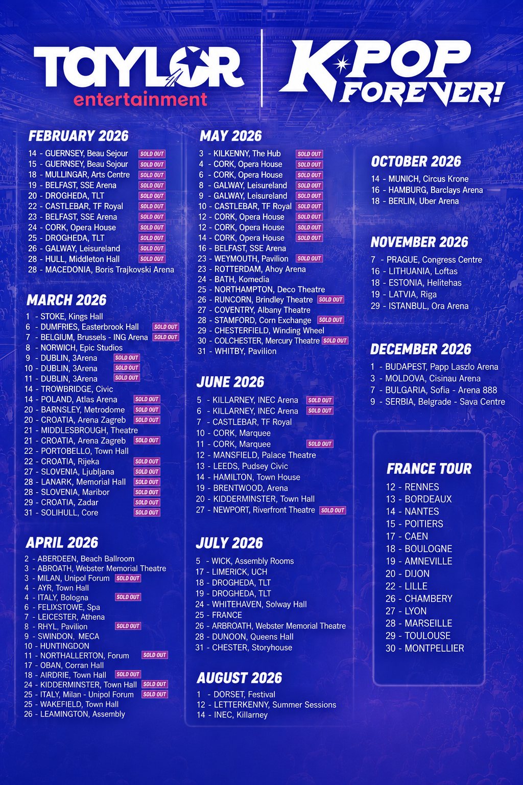 Schedule of Taylor entertainment events from February to December 2026, with locations and dates, and some events marked sold out.