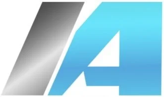 Graphic with stylized letter 'A' in gray and blue colors.