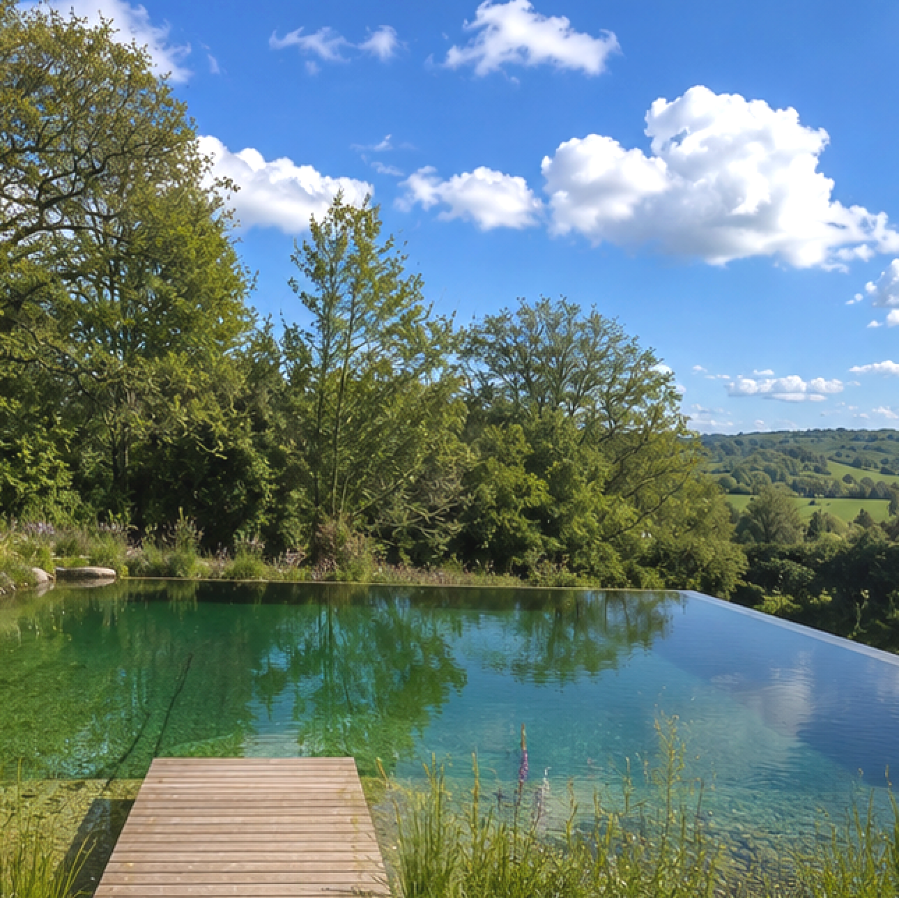 A peaceful outdoor scene with a clear swimming pool reflecting blue sky, surrounding greenery, trees, and rolling hills in the background under a partly cloudy sky.