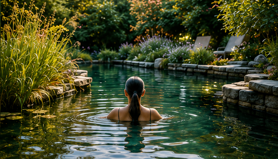 A woman with dark hair in a ponytail swimming in a backyard pool surrounded by lush greenery and flowering plants during late afternoon or early evening.