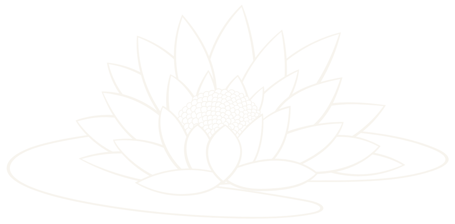 Line drawing of a water lily flower with detailed petals and a central seed area, floating on water with lily pads.