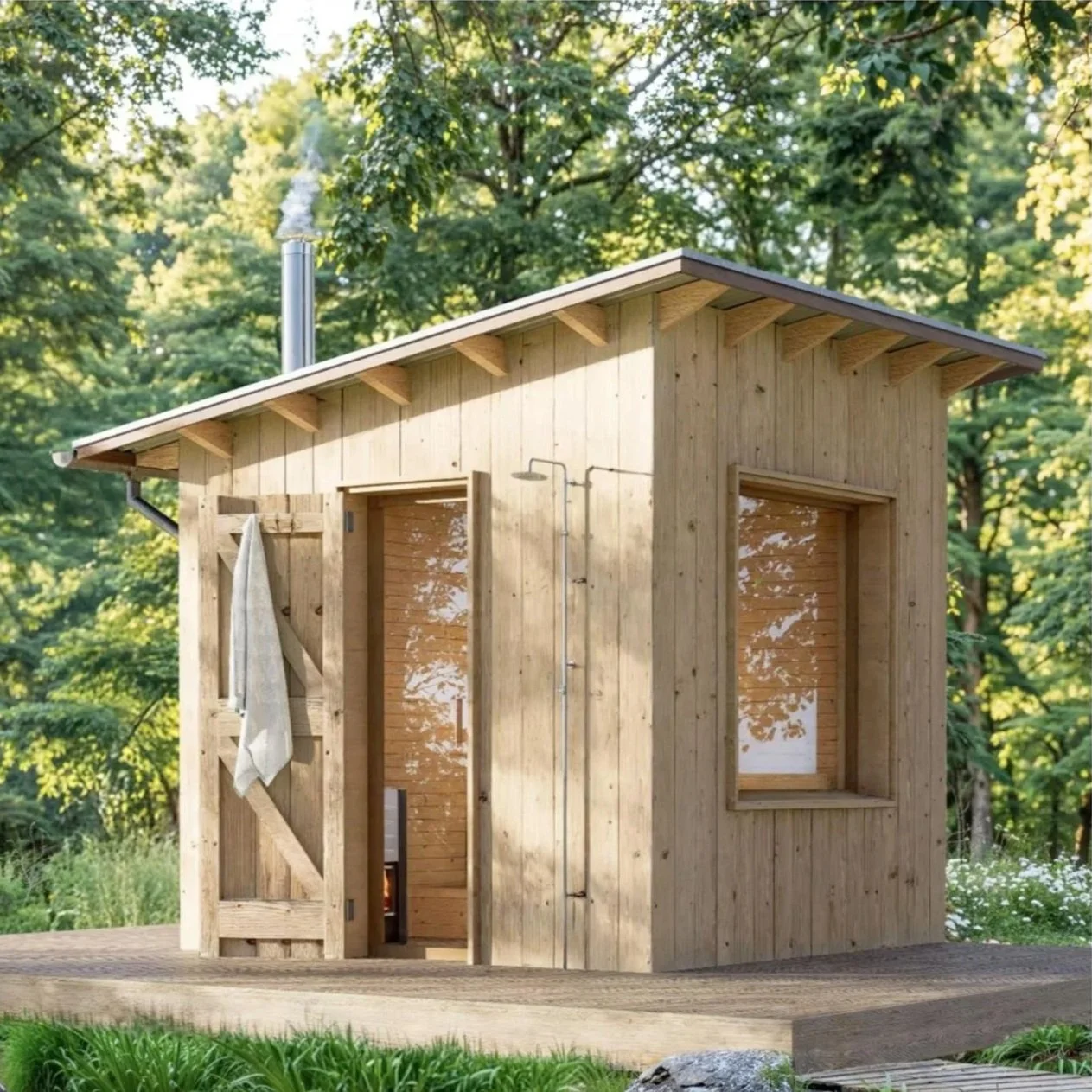 Small wooden outdoor shower with open door, showerhead, and window, situated in a green, wooded area.