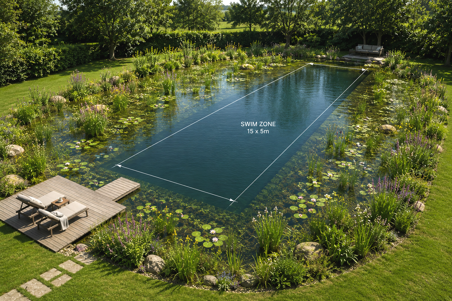 Hartfield Wild Pools swimming pool design, measuring 15 meters by 5 meters, surrounded by lush green grass, trees, and flowers. The pool has a lily pad decoration with water lilies on its surface and chair decking.