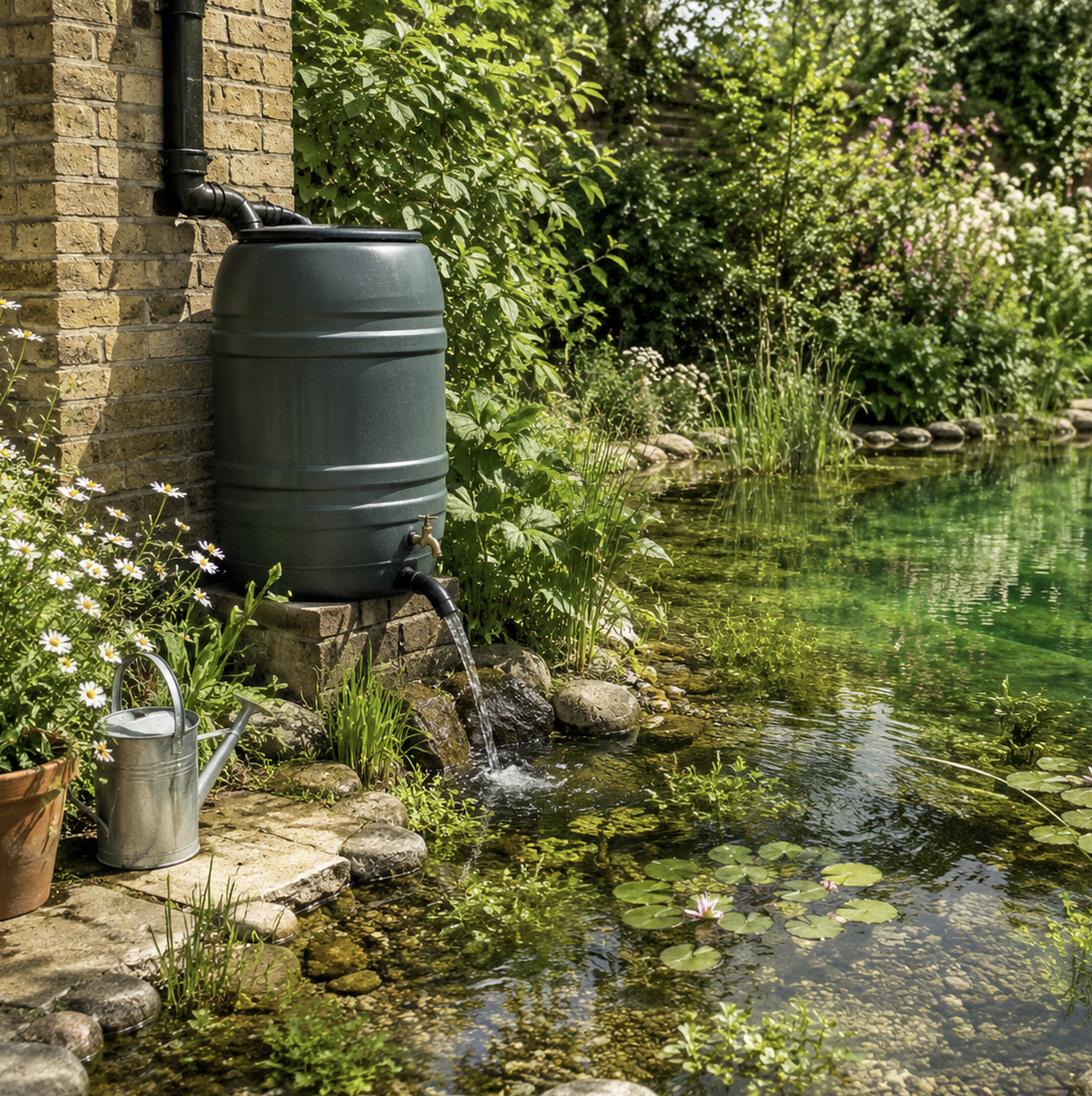 A pond with water lilies and tall grass, next to a brick wall and a green rain barrel connected to a downspout, surrounded by green foliage and trees.