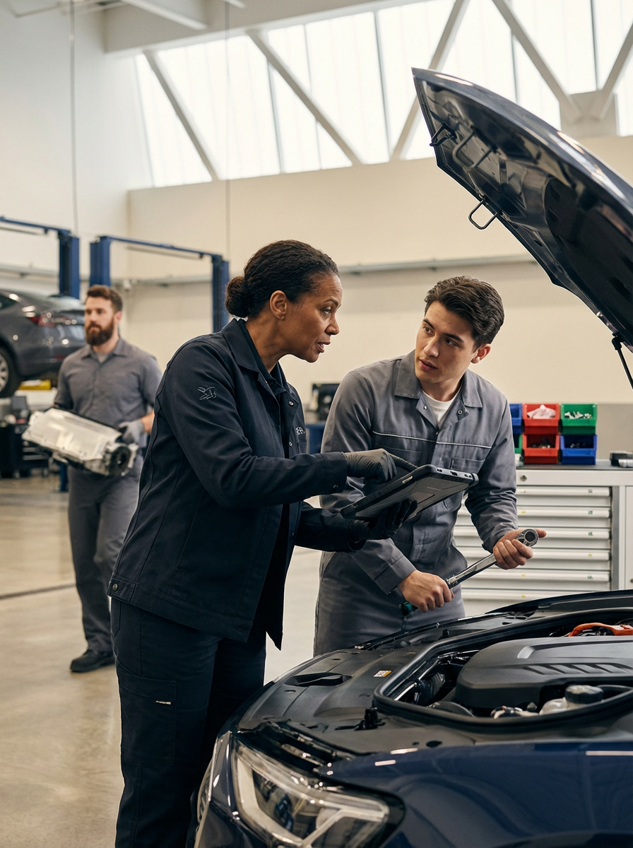 Mechanic and female technician discussing diagnostic data at open hood of a car in an auto repair shop, with a male technician in the background carrying a part.