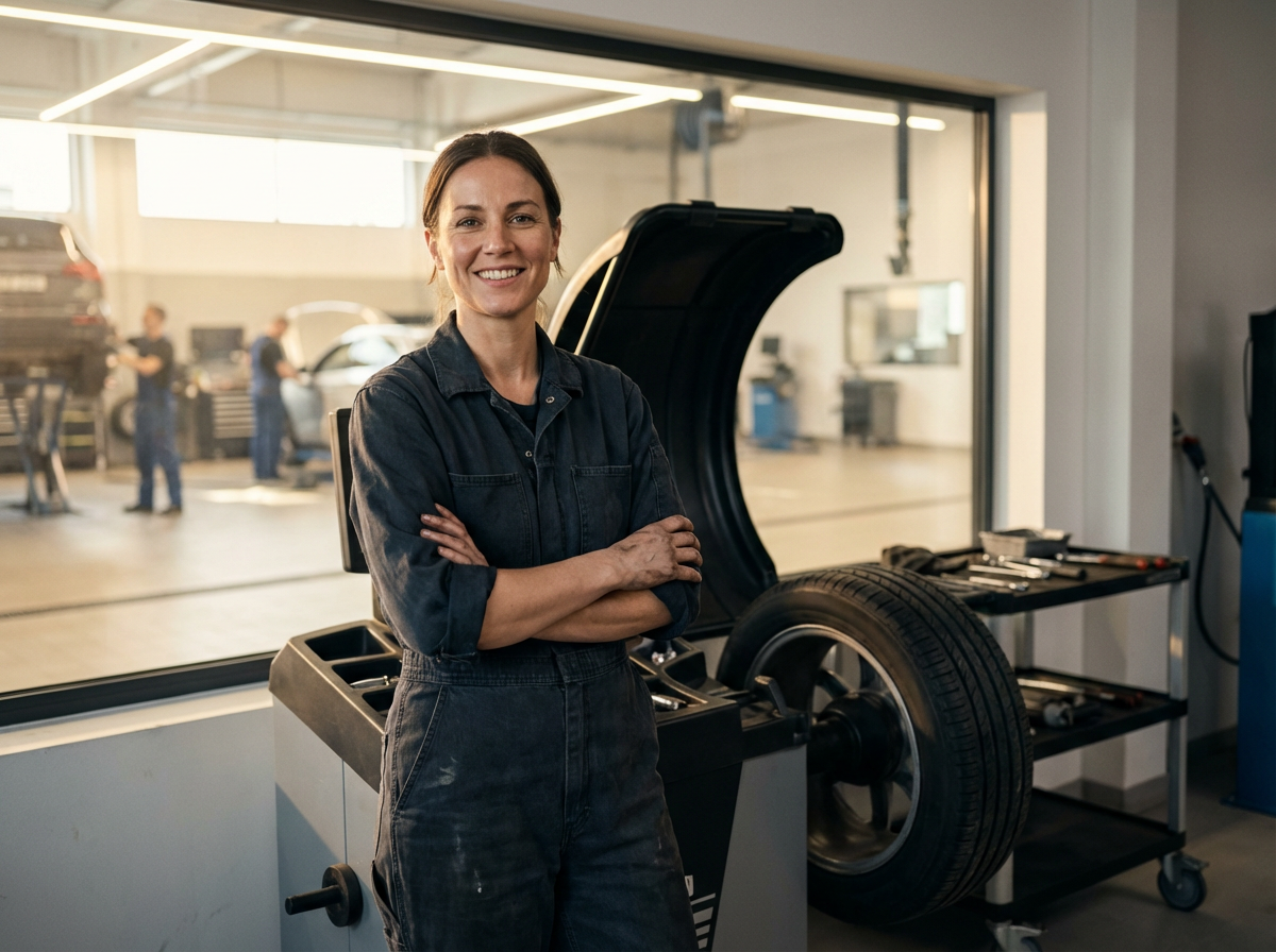 A woman in mechanic overalls smiling with arms crossed inside an auto repair shop, with cars and tools visible through a large window.