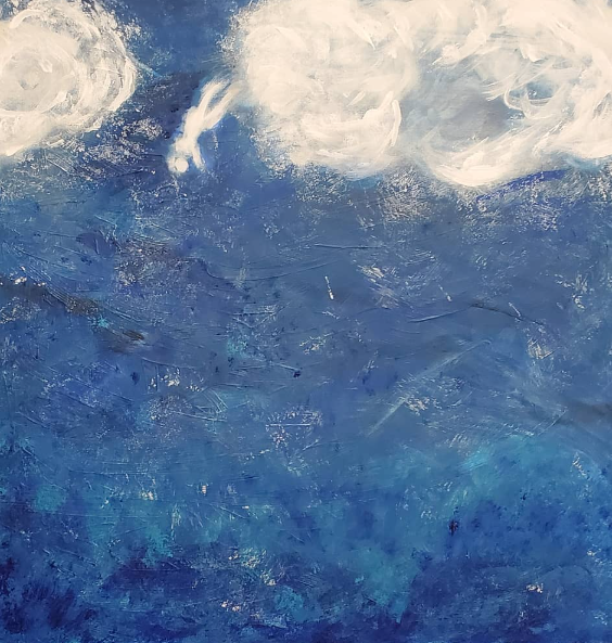 FALLING,  2020 | Acrylic on gallery-wrapped canvas with painted edges  |  24"  X  24" X 1.5" | Moving away from the chaos of the world into a state of quiet, dreamlike suspension.