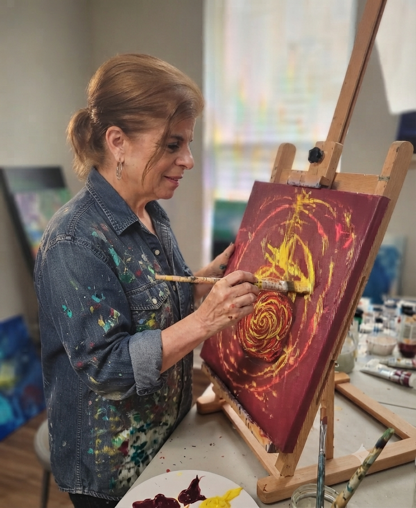 A woman painting a swirling pattern on canvas with red, yellow, and orange colors on an easel in an art studio.