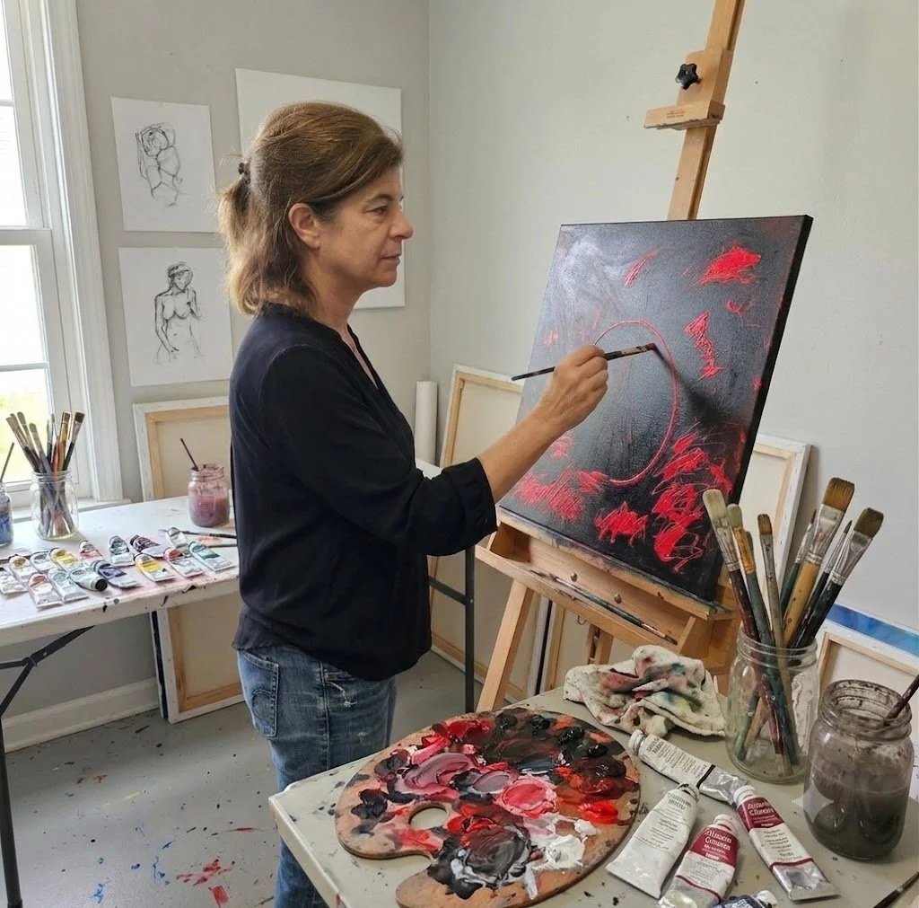 An artist woman painting on a canvas with red and black colors in an art studio.