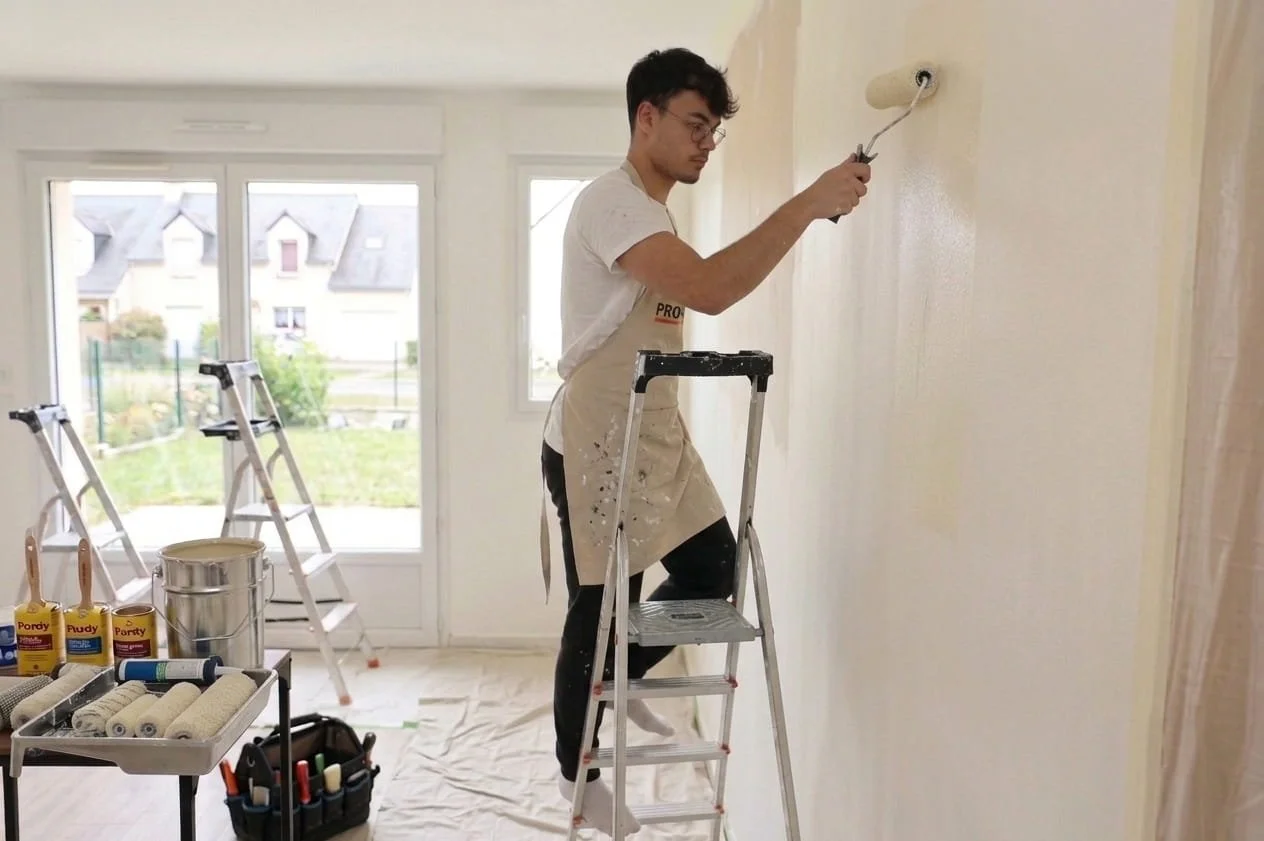 Lorenzo Delorme, artisan de DLM Services, applique une peinture murale au rouleau lors de la rénovation intérieure d'une maison en Mayenne (53).