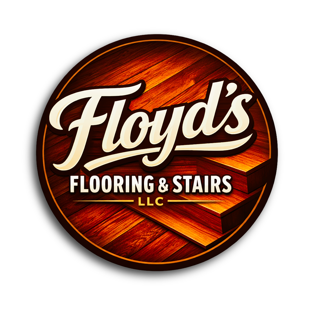 Logo for Floyd's Flooring & Stairs LLC with a wooden floor background and stylized white text.