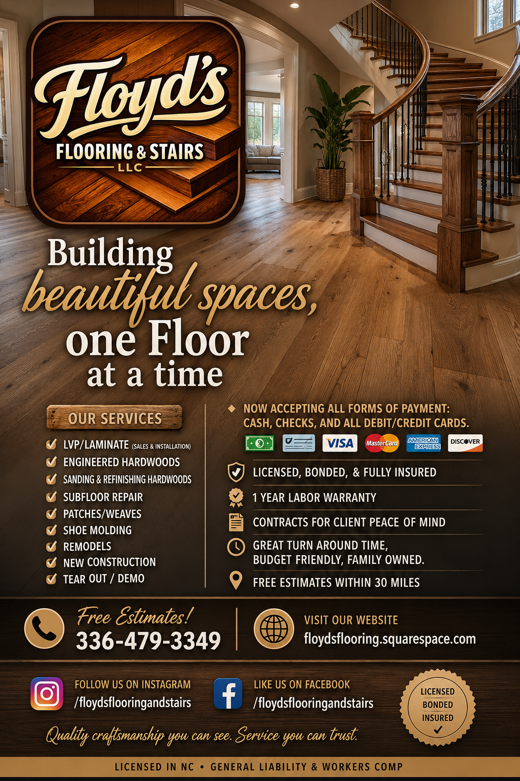 Interior view of a residential home featuring a wooden staircase with black balusters, a large plant in a woven basket, and a doorway leading to a living room with beige furniture and large windows, with an overlay of Floyd's Flooring & Stairs advertisement.