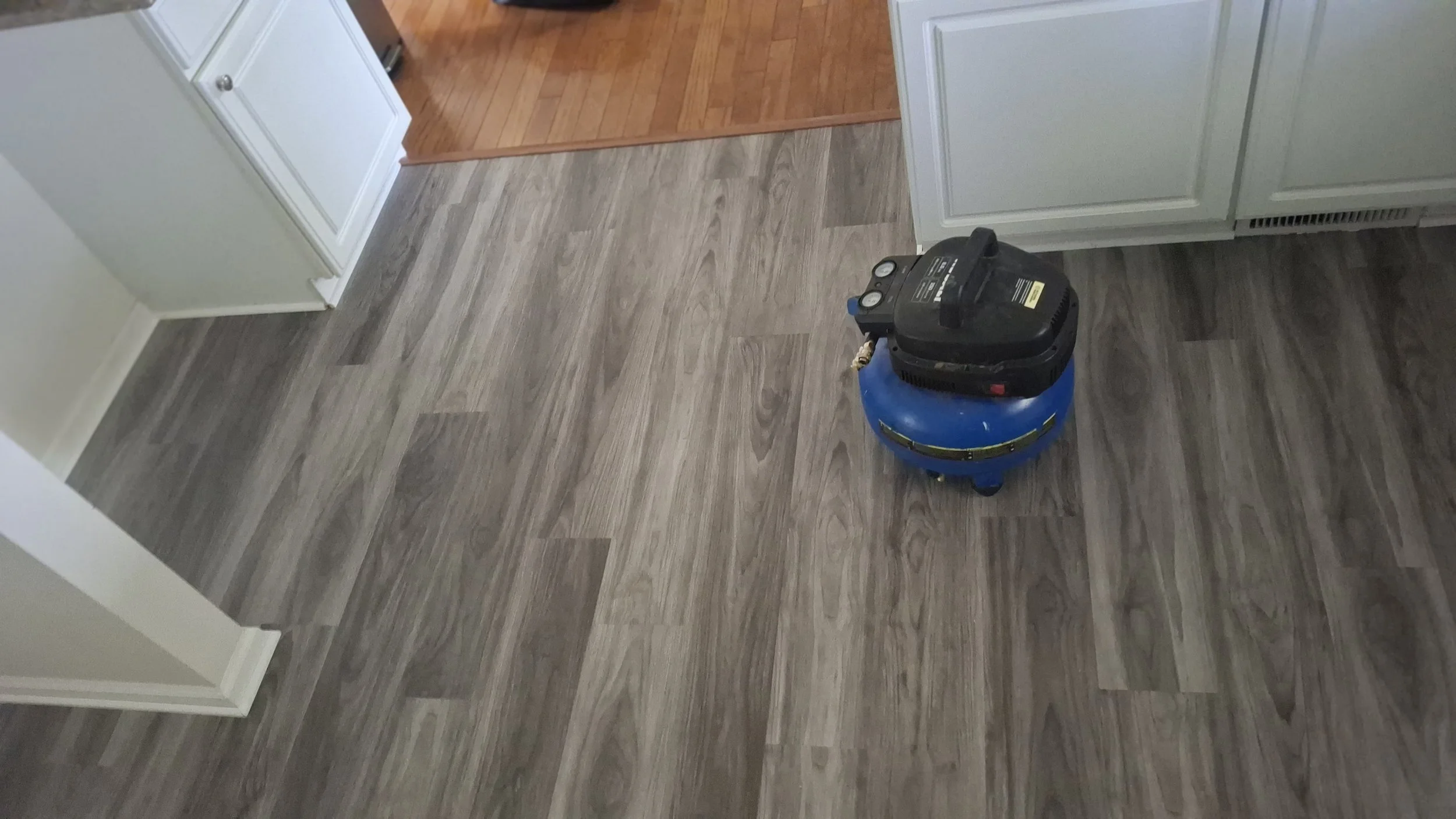 A blue and black wet vacuum cleaner on a wooden floor inside a kitchen.