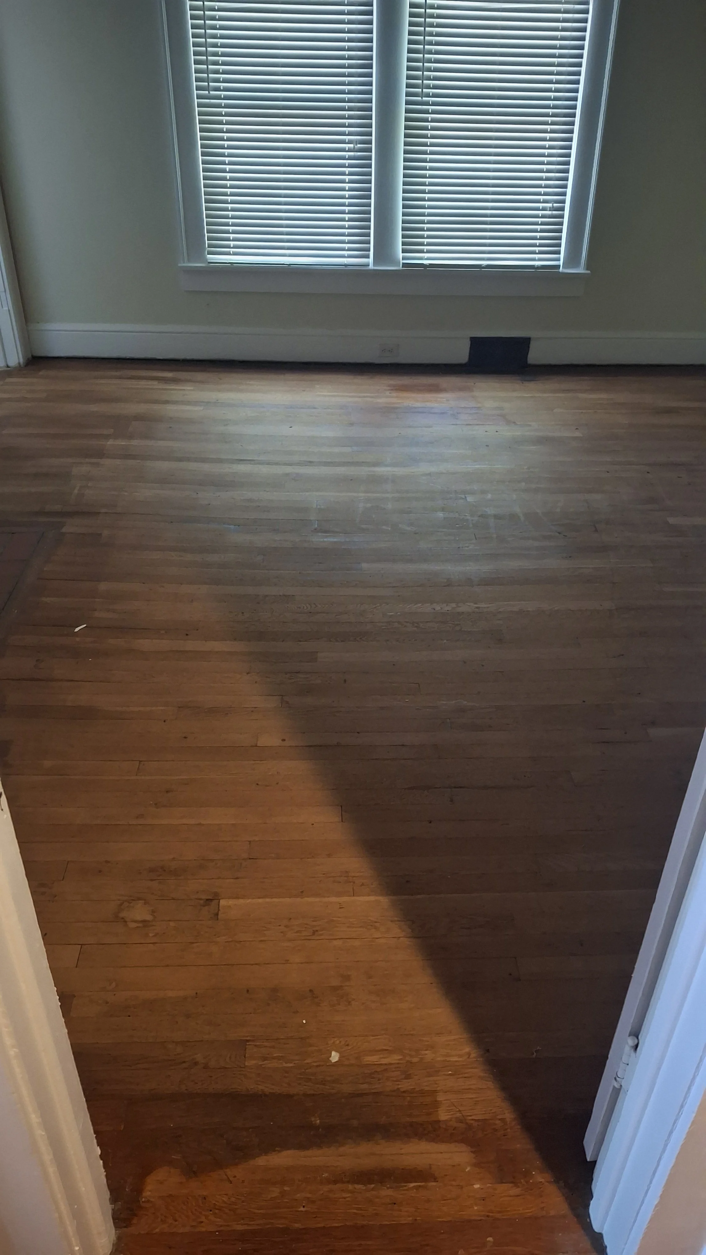Room with hardwood floor, window with closed blinds, and beige walls.