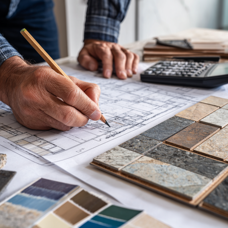 A person working on blueprints for flooring, with color swatches and flooring related objects on the table promoting Floyd's Flooring & Stairs LLC closing the bid.