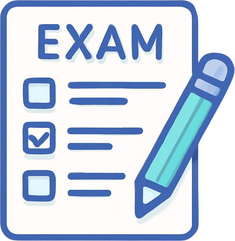 An illustration of a test or exam paper with a checklist, a pencil, and multiple-choice options.