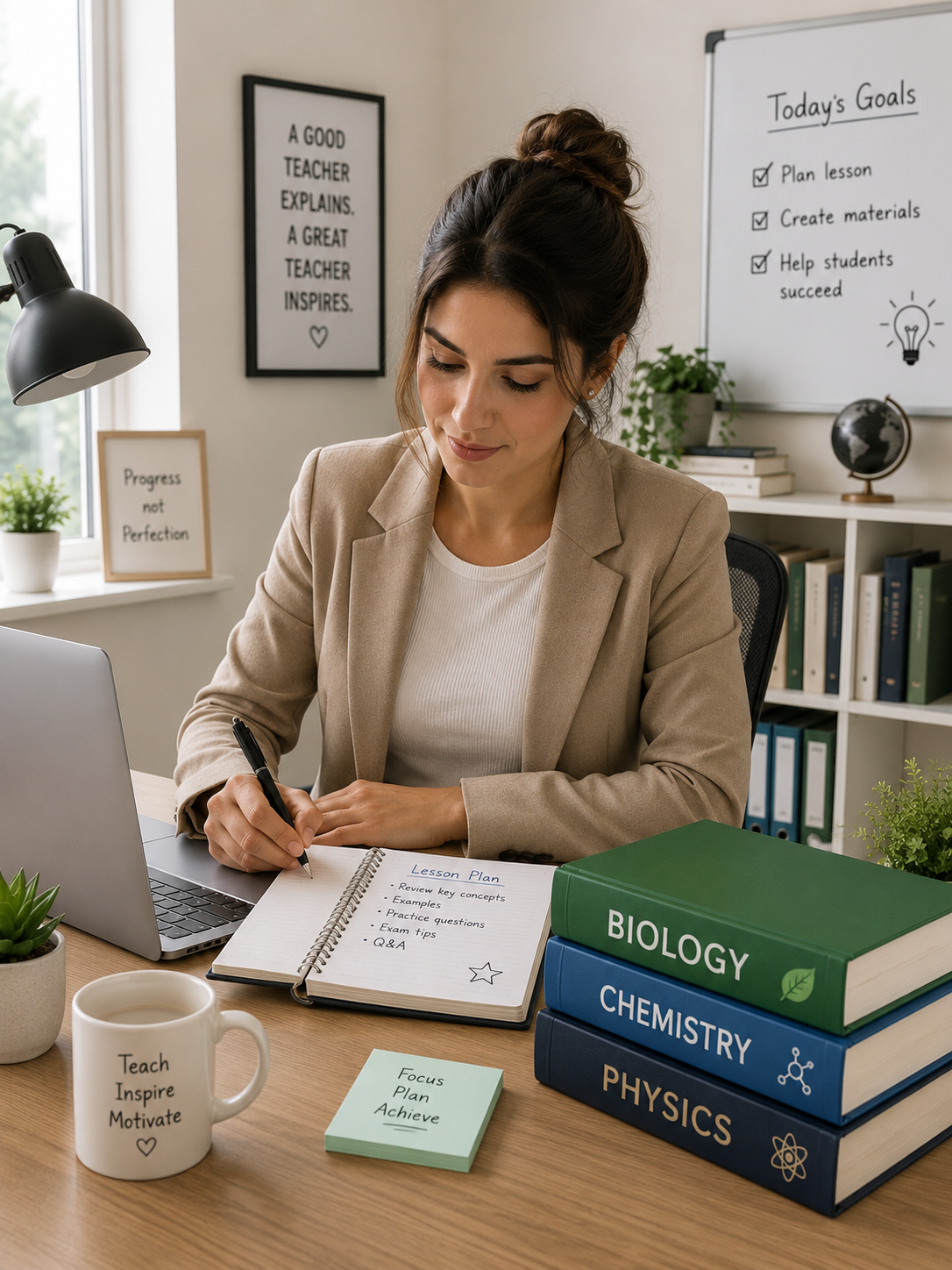 A woman sitting at a desk with a laptop, notebooks, and books on biology, chemistry, and physics. She is writing in a lesson plan notebook. The background includes motivational posters, a whiteboard with today's goals, and a shelf with plants and books.
