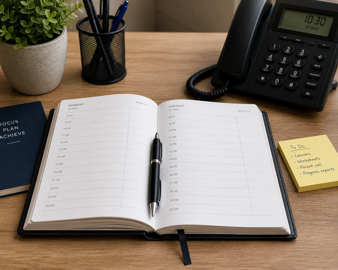 An organized office desk with a planner open to Monday and Tuesday, a black pen, a closed notebook, a yellow sticky note with a to-do list, a black landline phone, a small plant, a cup holding pens, and a wooden surface.