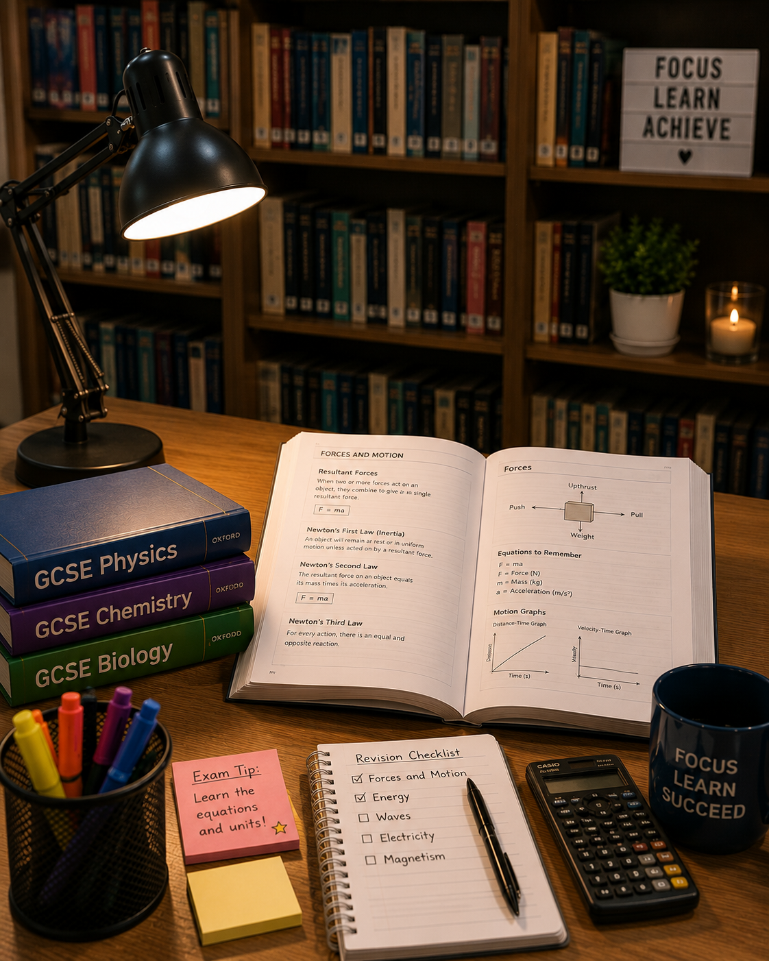Study desk with physics, chemistry, and biology books, open physics textbook, revision checklist, calculator, pencil cup, mug with motivational quote, sticky notes, and desk lamp, with a bookshelf, potted plant, and candle in the background.