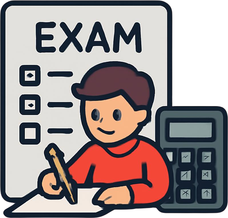 A cartoon boy taking a test with a worksheet that says 'EXAM' and checkboxes, sitting at a desk with a calculator nearby.
