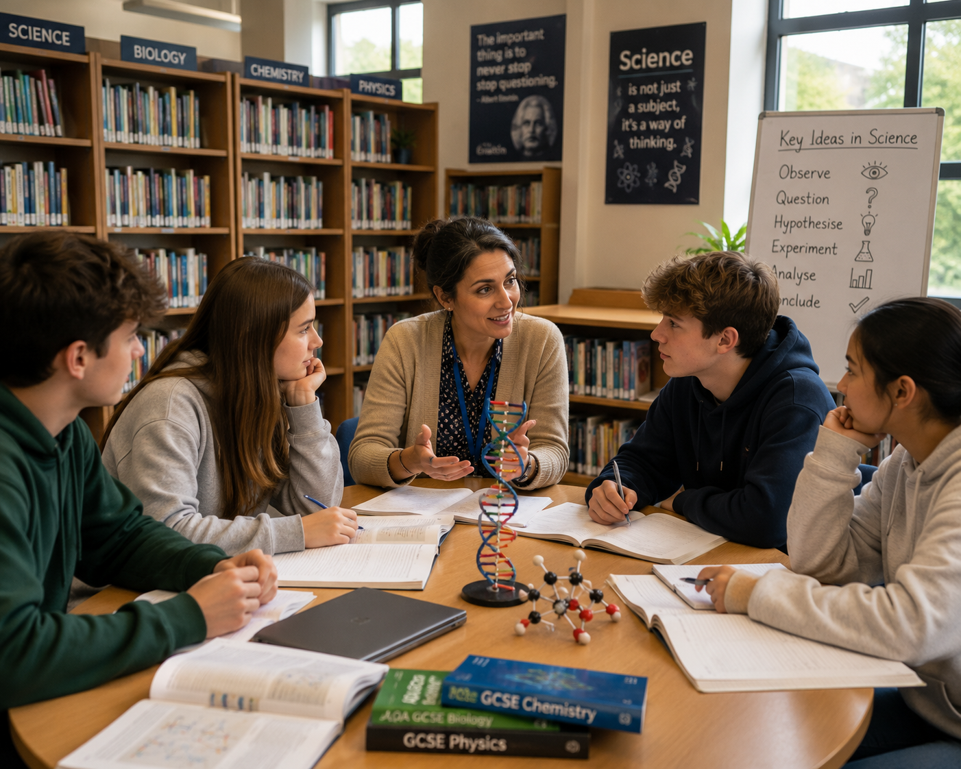 Teacher leading a science discussion with four year 11 students in a library, with books, scientific models, and a whiteboard with science concepts on it.