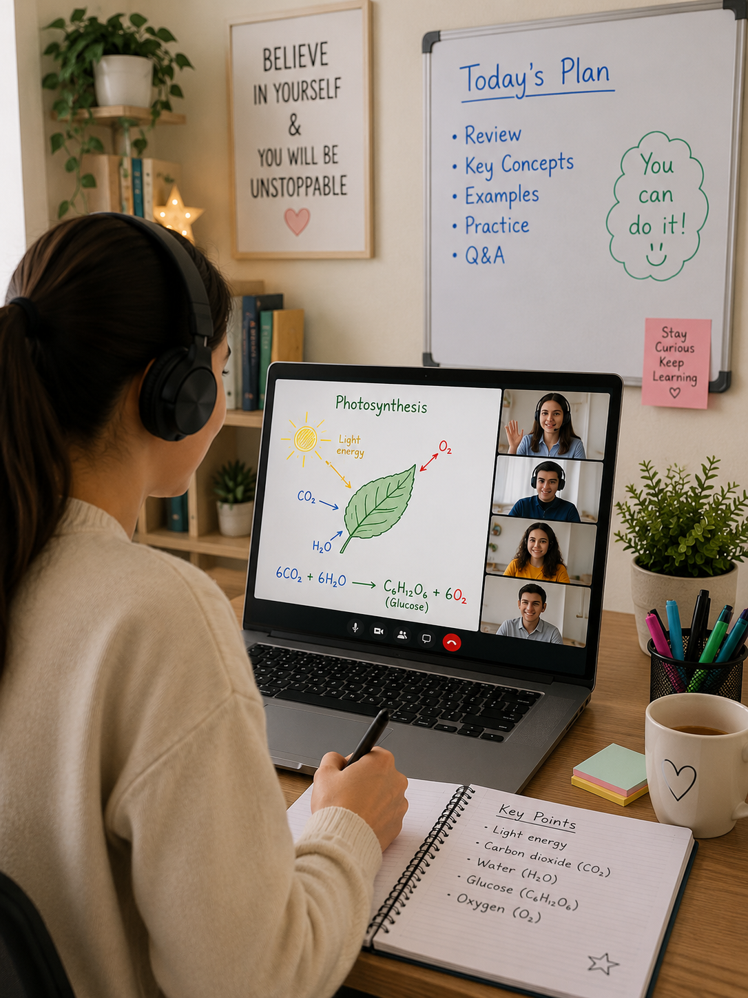 A friendly science tutor teaching high school students about leaf structure and plant biology during online video lesson.