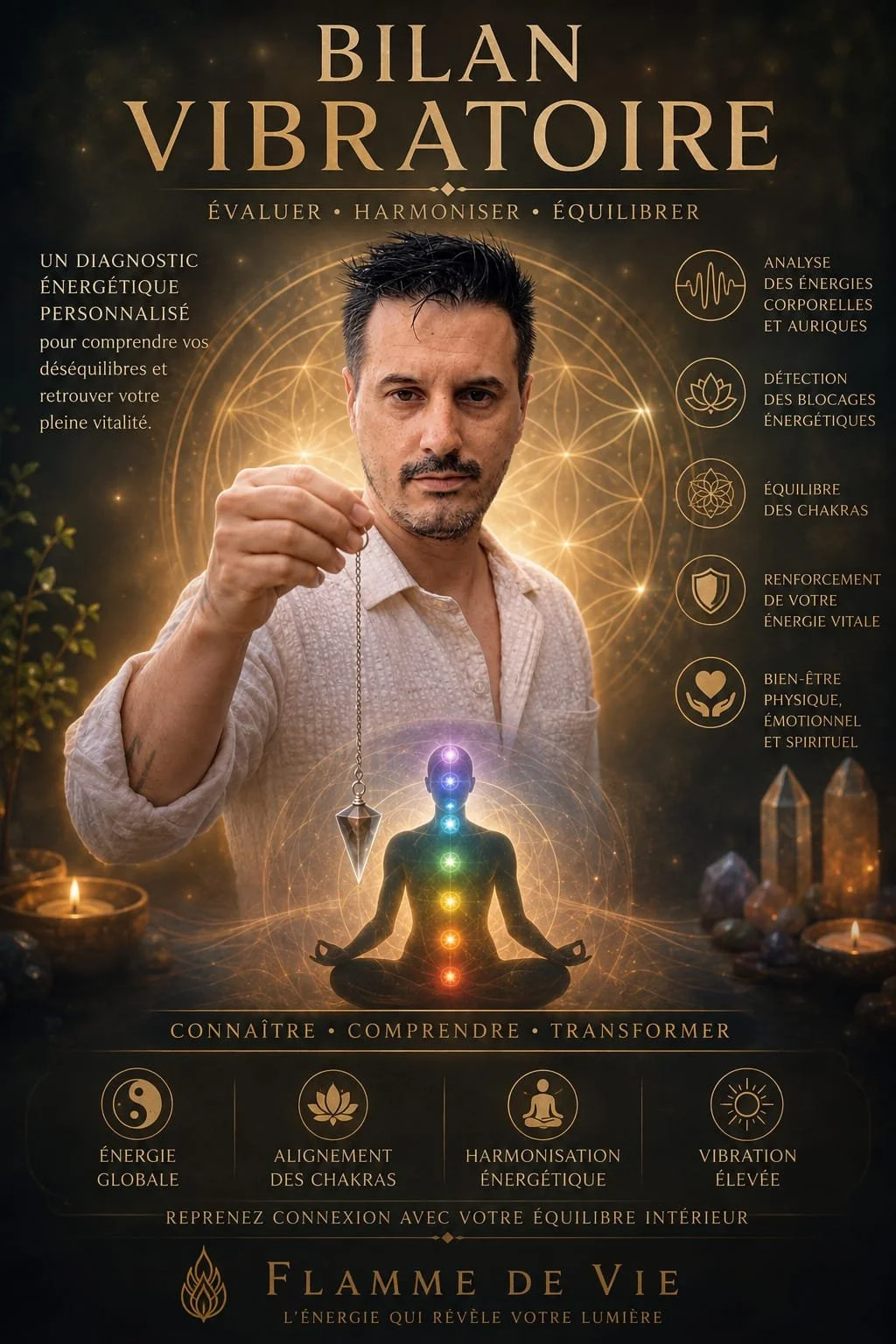 Affiche promotionnelle pour un bilan vibratoire, avec un homme tenant un pendentif et un hologramme de silhouette méditant avec chakras colorés, entouré de symboles et d'éléments liés à l'énergie et au bien-être.