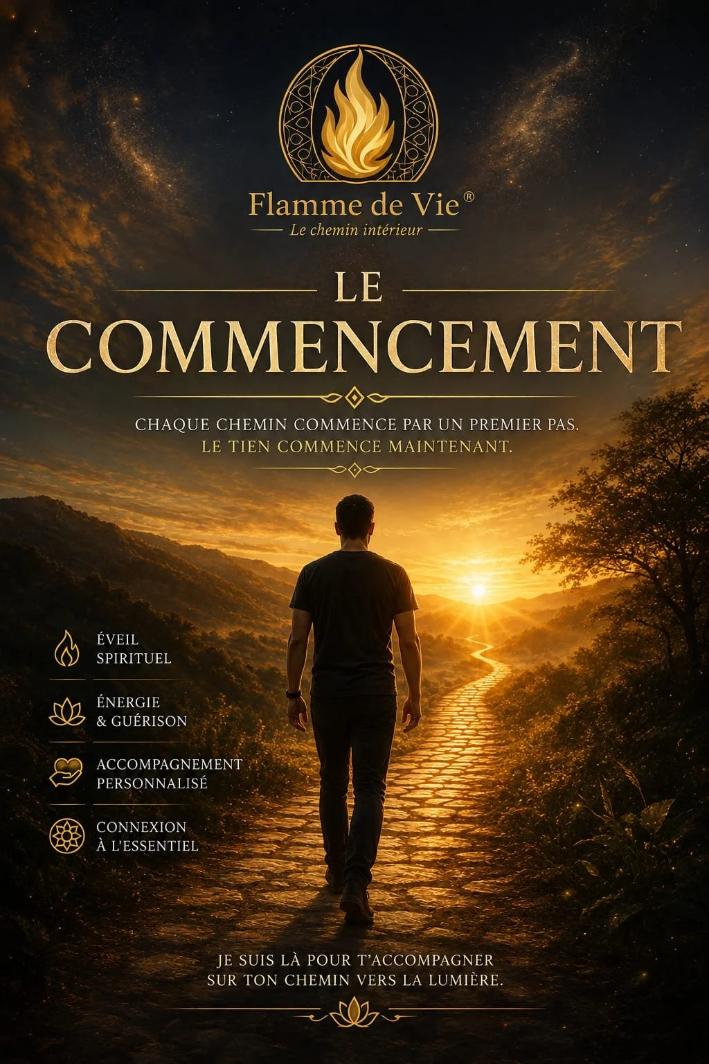 Une personne marche sur un chemin sinueux lors d'un coucher de soleil dans un paysage naturel, avec du texte dessus évoquant un voyage intérieur et la spiritualité.